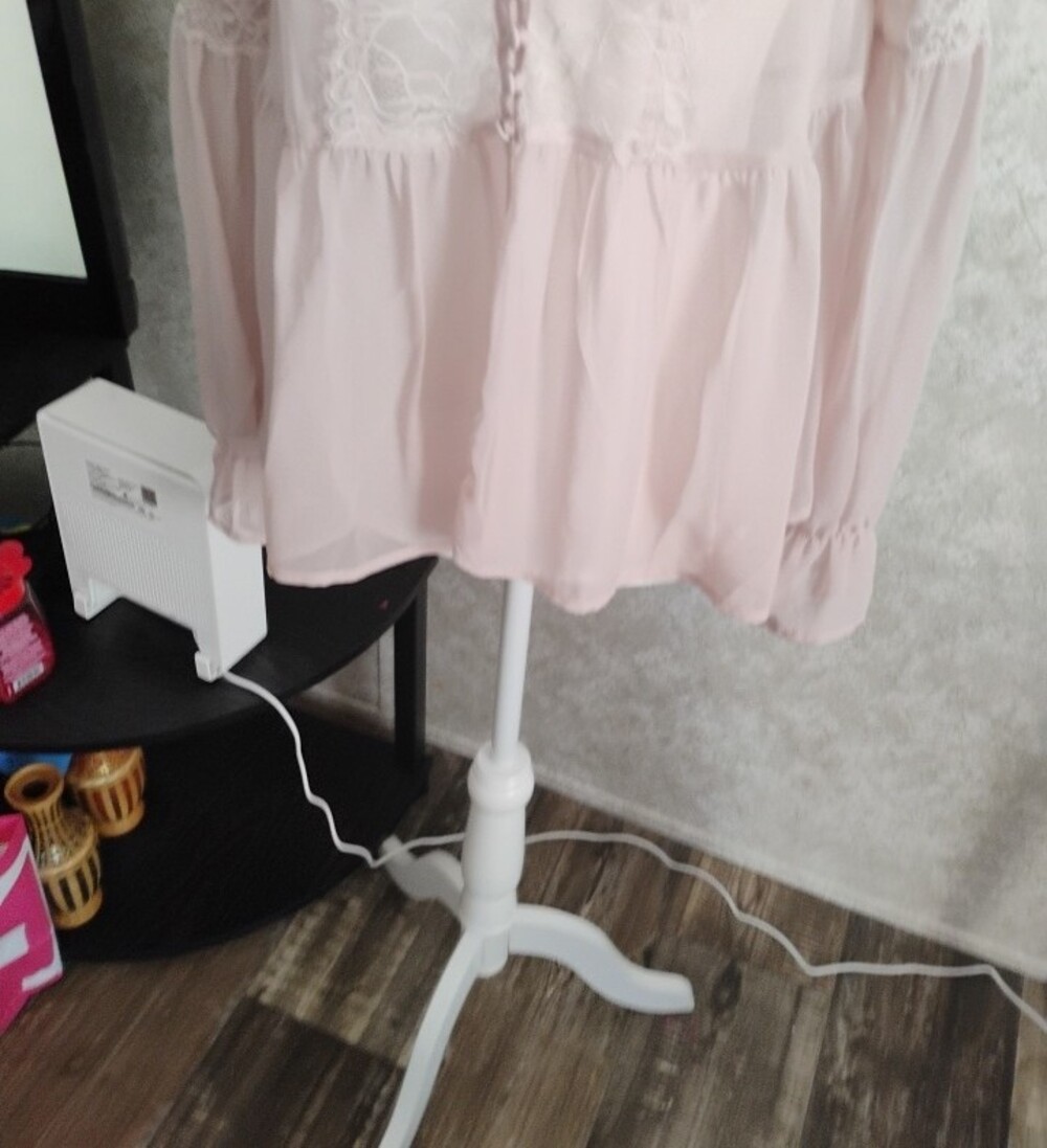 Free People Soft Blush Pink Lace Peasant Blouse with Neck Tie/Prairie, Fairy - Picture 5 of 13